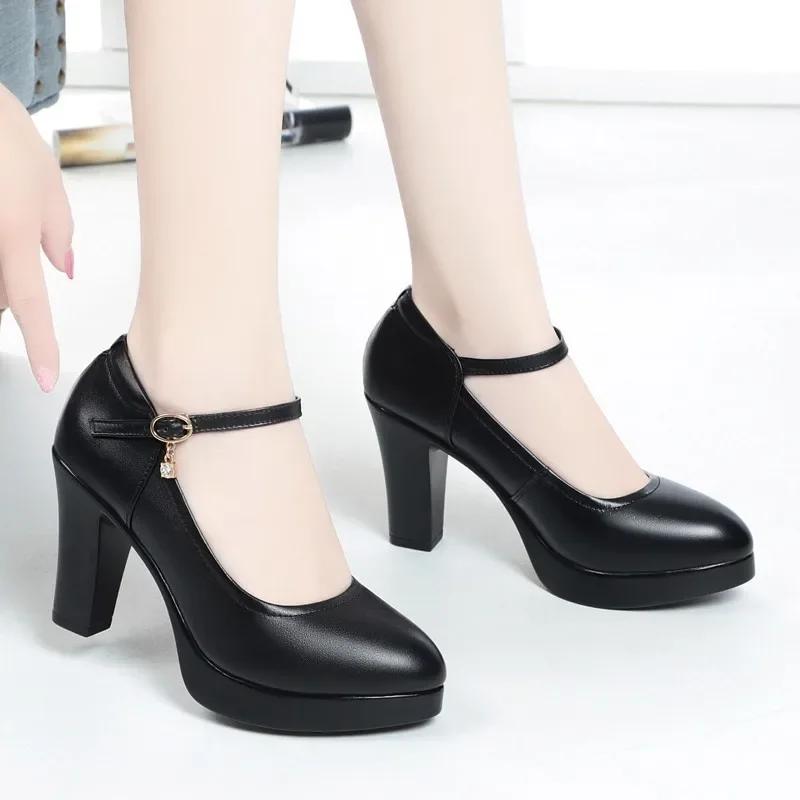 High Heels Platform Pumps Mujer 2025 Spring New Fashion Buckle Solid Black Shoes Woman PU Leather Waterproof Shoes Femme