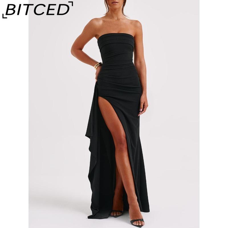 BITCED Women's Strapless Evening Gown Seductive Open-back Dress with High Side Slit Long Party Dress