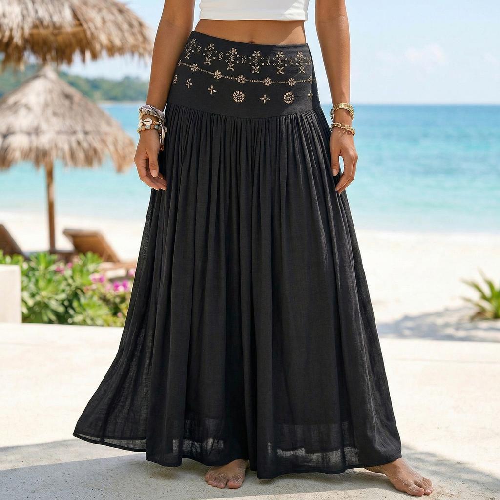 Gonna Lunga Donna Vita Alta Stile Boho Vita Elastica Gonna Lunga Pieghettata Tessuto Leggero e Fluido Abbigliamento Estivo