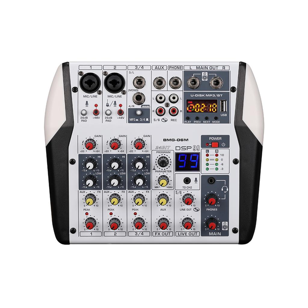 BOMGE 6 Channel DJ Audio Sound Mixer Professional Soundboard Stereo Recording MP3 USB BT Input 48V Phantom Power 99 DSP