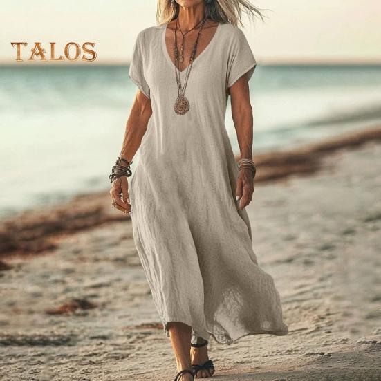 Damekjole i bomull og lin, avslappet, kortermet, v-hals, lang kjole, sommer, strand, ferie, swing, sommerkjole