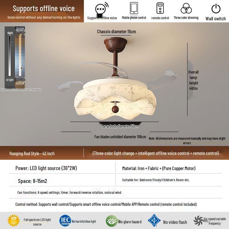 Vintage Song-Style Ceiling Fan Light with Printed Fabric Shade for Bedroom and Dining Room