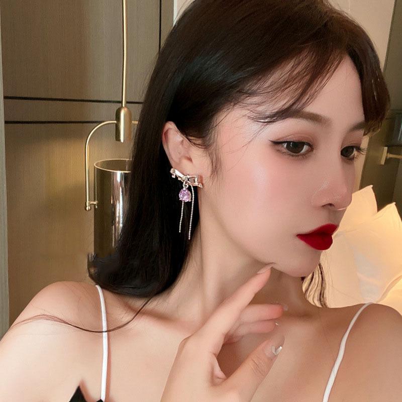 Elegant Bow Tassel Earrings: 925 Sterling Silver with Inlaid Diamonds for a Sweet, Girly, and Fashionable Touch.