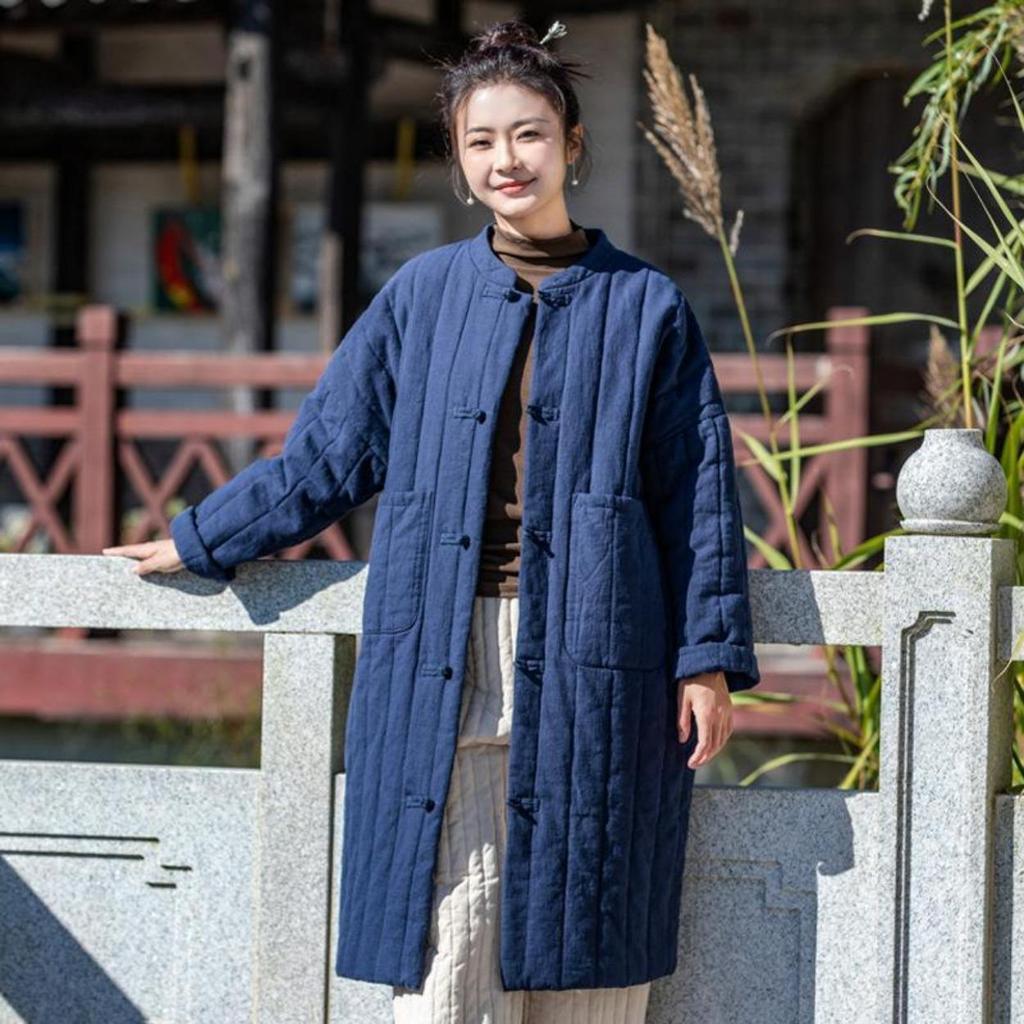 Women Vintage Linen Stand Parkas Solid Color Long Sleeve Warm Coats Button Patchwork Pockets Winter Parkas