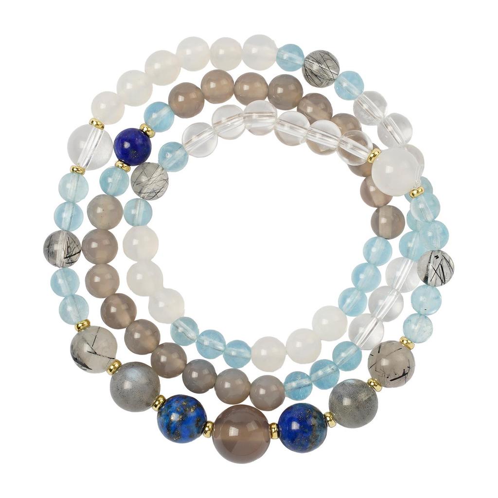 Pulseira Feminina Artesanal Chinesa de Três Círculos com Água-Marinha, Lápis-Lazúli e Contas de Cristal Branco