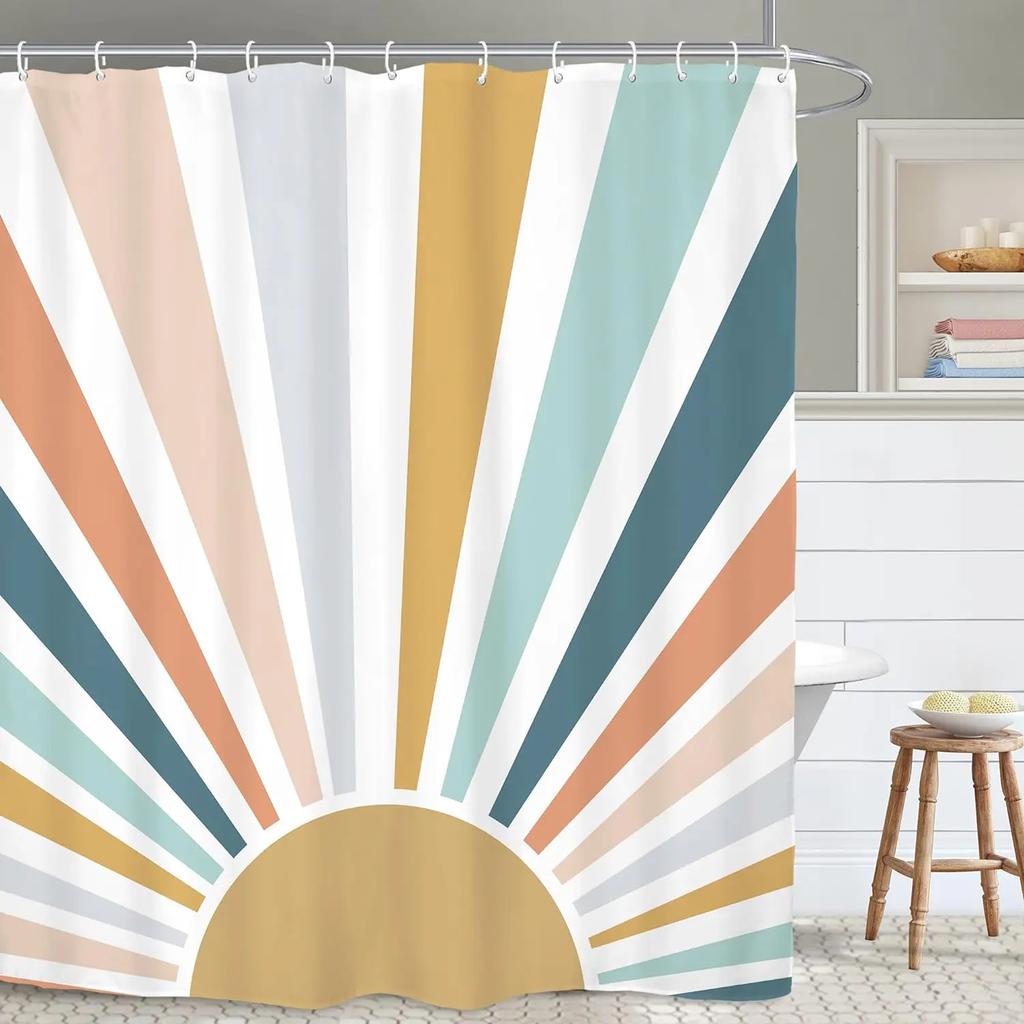 Bohemian Abstract Minimalist Shower Curtain Sunset Medieval Sun Modern Rustic Geometric Brown Orange Bathroom Decor