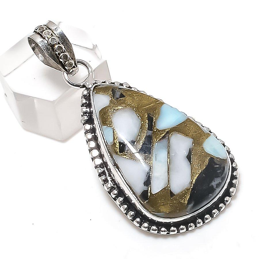 Natural Copper Larimar Gemstone 925 Sterling Silver Jewelry Pendant 1.97" J4m94