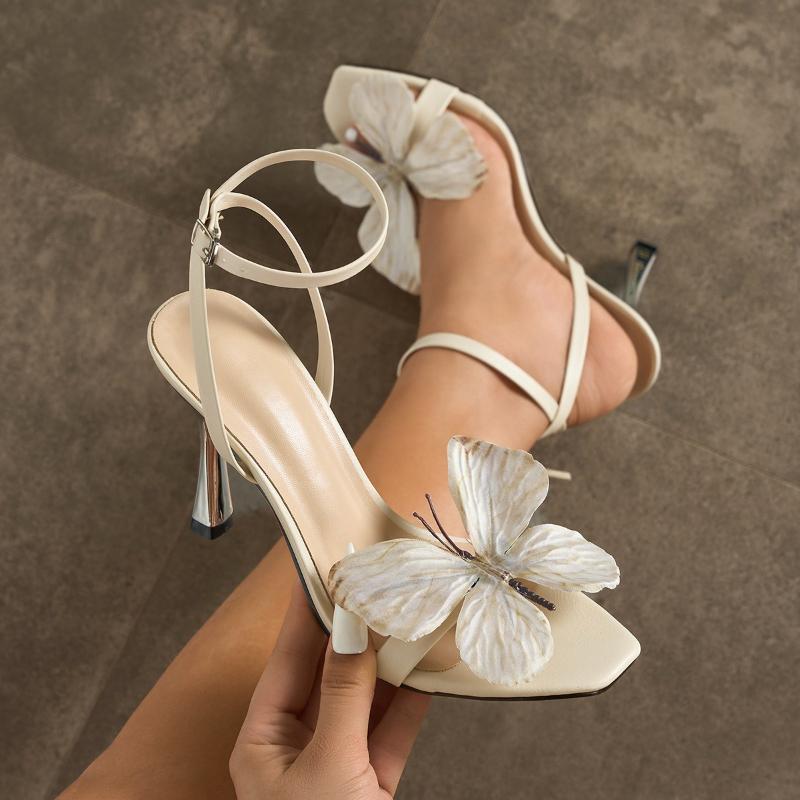 Fashion Apricot Butterfly-knot Decoration Design Brand High Heeled Sandals Women Fashion Ankle Strap Buckle Sandals Elegant Dress Shoes