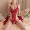 Women Lace Hollow Bra Sets Sexy Crotchless Lingerie Erotic Costumes Deep V Open Bra Bow Porn Underwear Set Teddy Babydoll Dress
