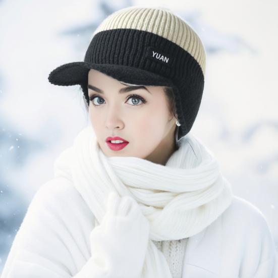 1/2Pcs Men Hat Sleek Color Block Knit Earflap Hat with Stretch-Fit Elastic Warm Thick Winter Hat Cold Weather Outdoor Winter Skiing Hiking Headwear