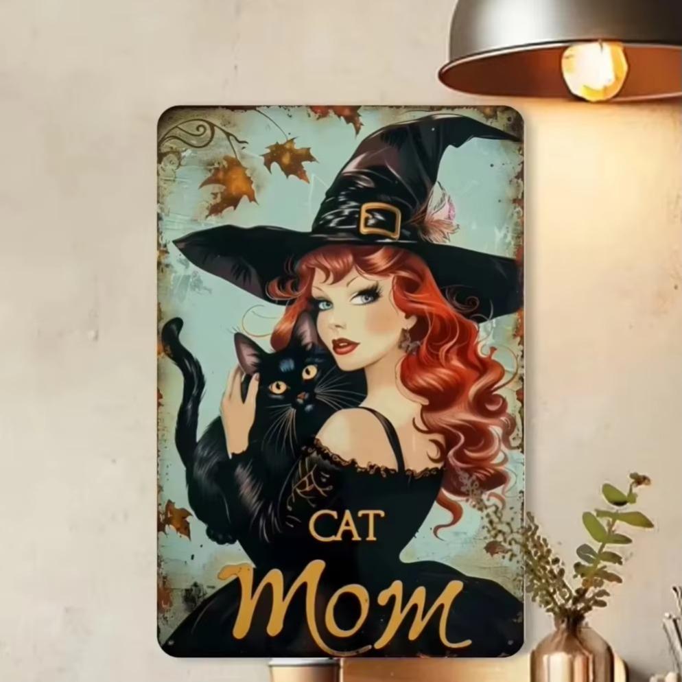 Witch Cat Mom Playful 2D Tin Poster  Flat Plate Decorative Sign  Whimsical Decor for Outdoor Spaces Garden Nooks  Patios