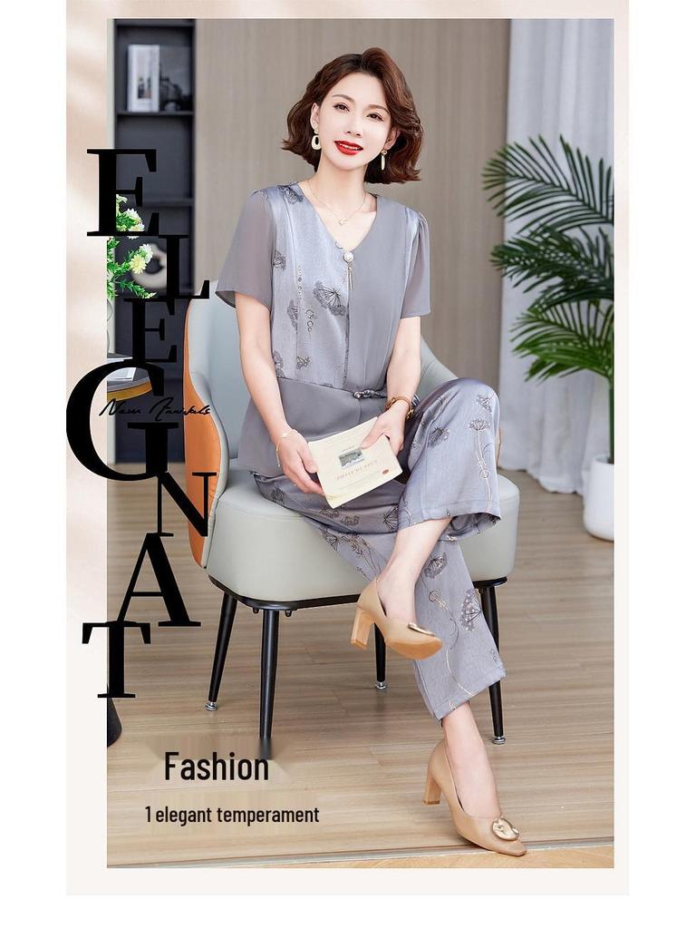 Stylish Summer Fashion Set for Middle-Aged Moms: Plus Size Two-Piece with Loose, Belly-Covering Shirt