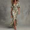 2026 Summer New European and American Style V-neck Slim-fitting Long Dress Printed Lotus Leaf Edge Long Dress Elegant