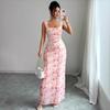 Abito Lungo Elegante Estivo da Festa da Donna, Scollo Quadrato, Spalline Sottili, Stampa Floreale, Vestibilità Aderente Bodycon