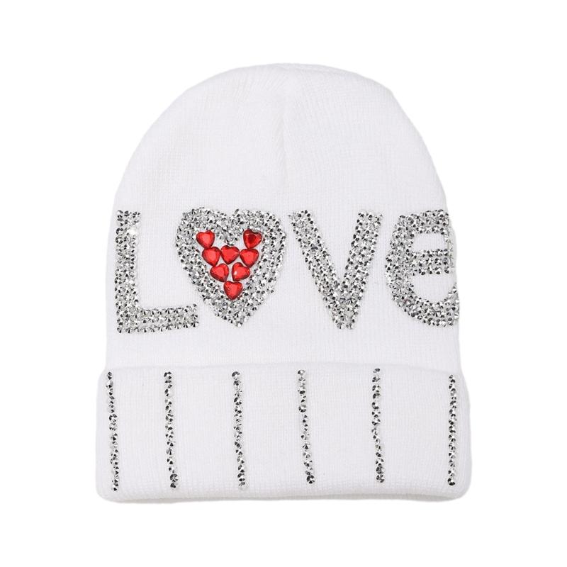 InsStyle Soft Hat Knitted Rhinestone LOVE Letter Beanies Hat Handmade Hat Breathable Pullover Hat Street Photoshoots Cap