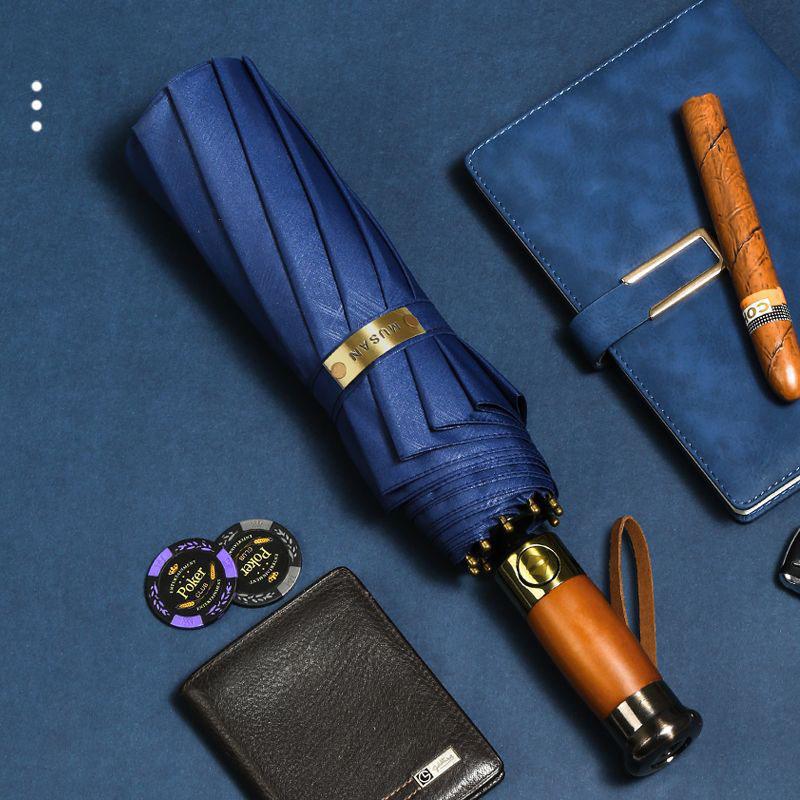 

Полностью автоматический зонт с тройным сложением, 10 спиц, с сетчатым узором, автоматической деревянной ручкой, ветроустойчивый и для солнечной погоды синий