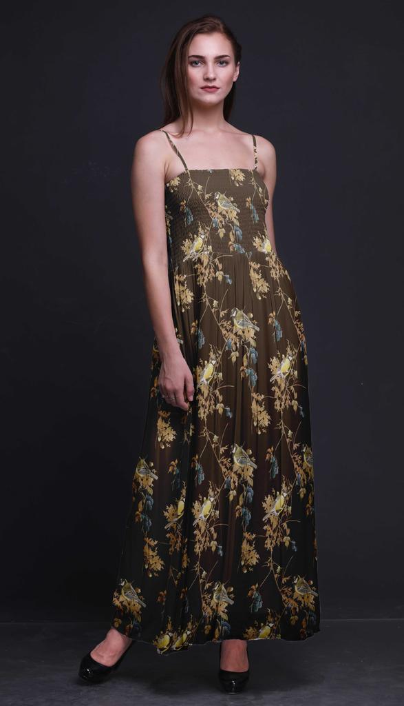 Bimba Black Berry & Yellow Sparrow Bird Print Women Smocked Bodice Beach Sun