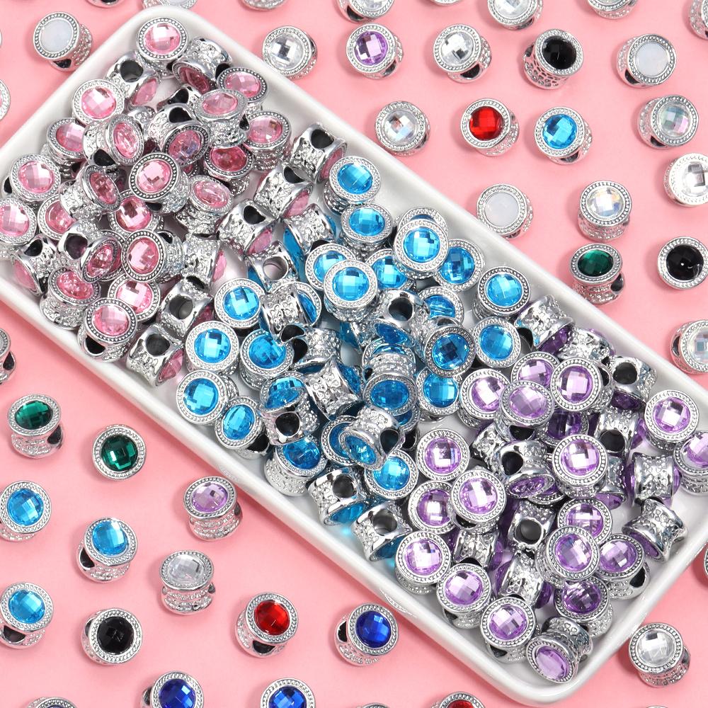 10pcs/Lot Color Alloy Rhinestone Spacer Beads Large Hole Barrel Bead for Jewelry Making DIY Charms Bracelet Hair Beads Accessory