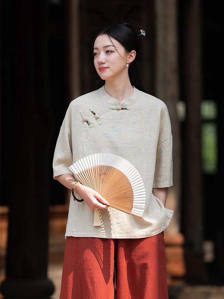 Women’s Retro Chinese Style Short Sleeve Stand Collar Shirt with Frog Button, Loose Ramie Sand-Washed T-shirt – 2024 Spring/Summer Collection
