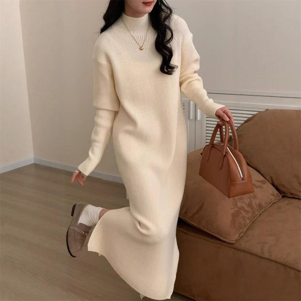 Solid color versatile semi-turtleneck knitted dress women's autumn and winter new loose inner matching coat sweater long dress