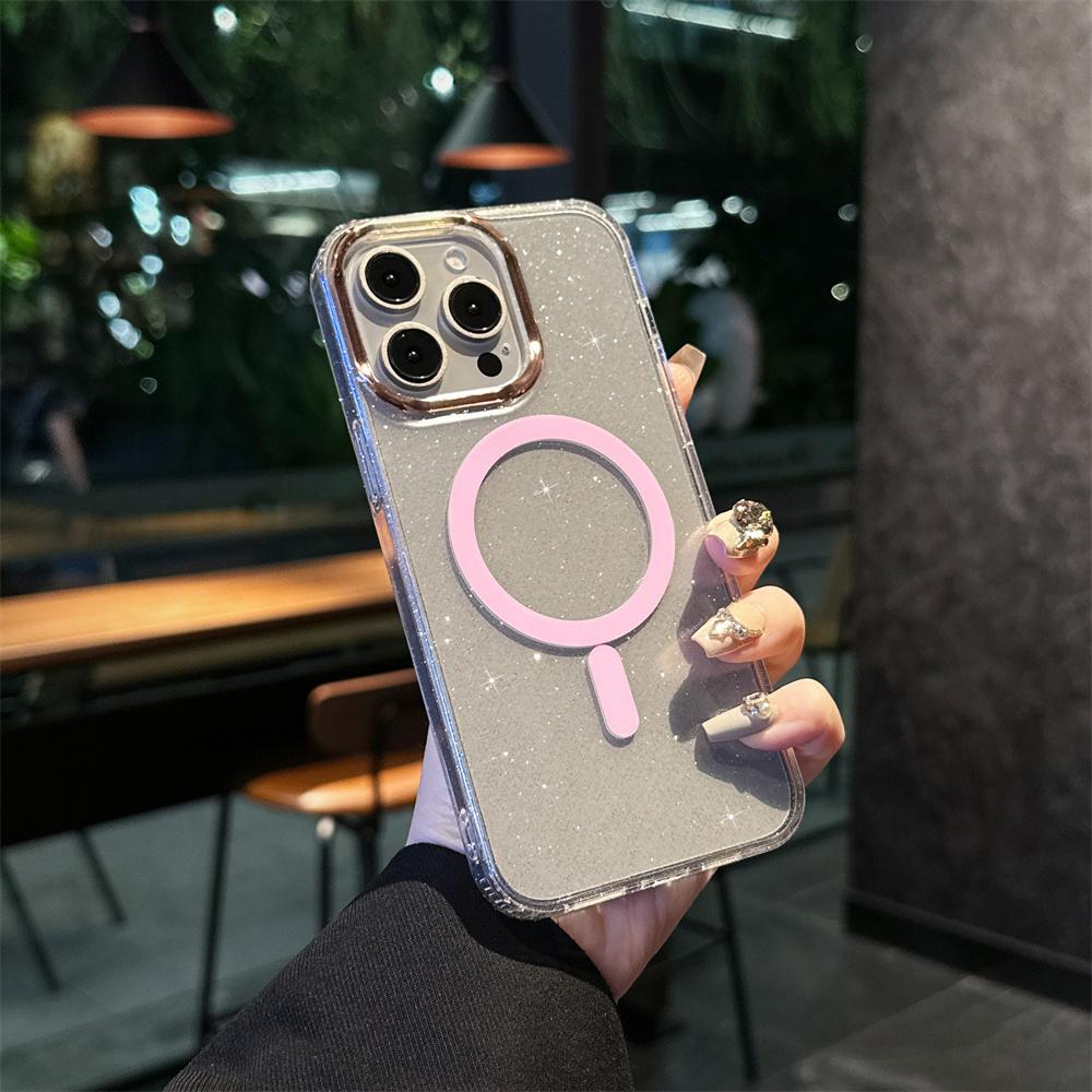 Luxury Clear Bling Glitter Armor For Magsafe Wireless Charge Phone Case for iPhone 15 14 13 Pro Max Magnetic Plating Hard Cover