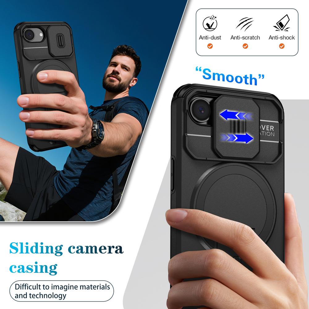 KEYSION Shockproof Armor Magnetic Case for iPhone 16e Silicone+PC Slide Camera Protect Kickstand Wireless Charging Phone Cover