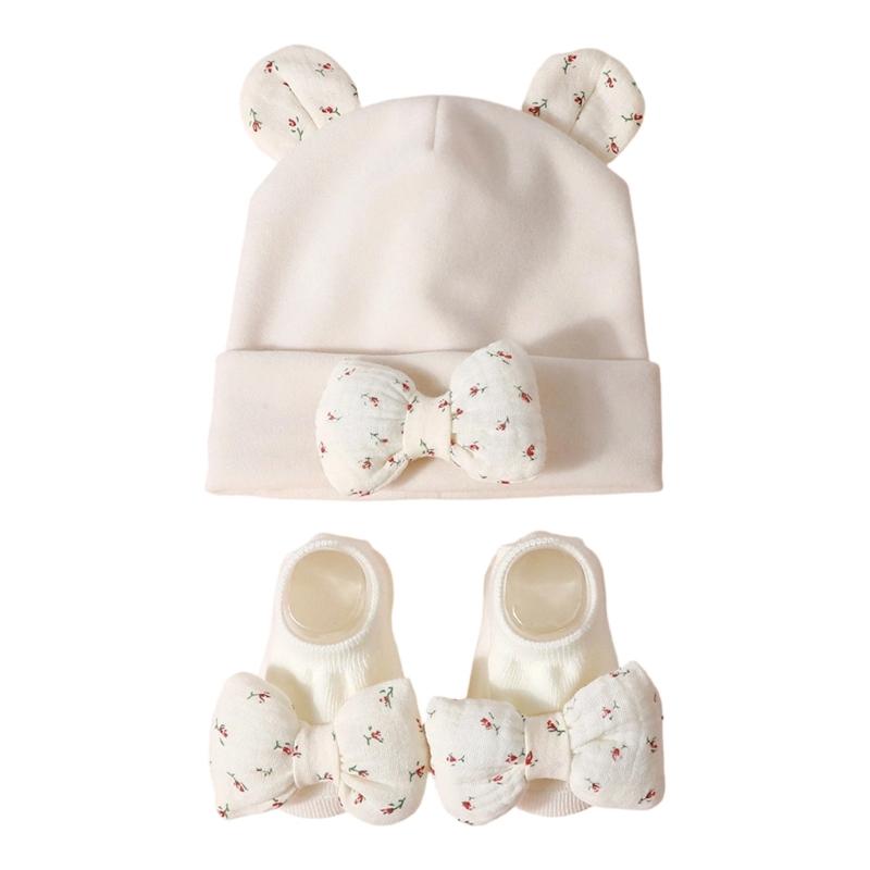 

Lovely Infant Bonnet Set Of 2 Breathable Poly Cotton Fabric Knot Woven Hat & Socks Great for Pictures & Everyday Wear