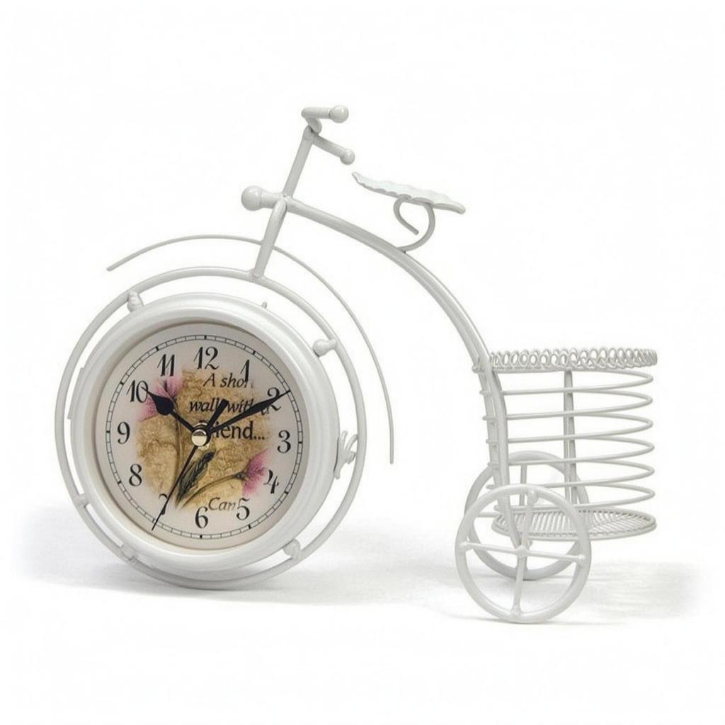 Wire Basket Cycle Clock White Bike Desk Iron Table Timepiece