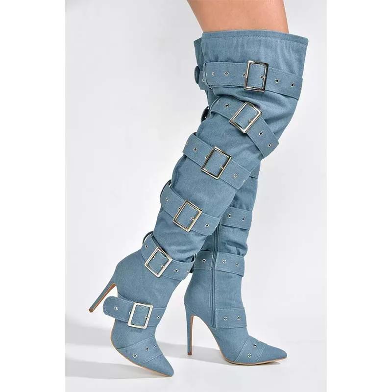 Blue Denim Sexy Sliver Buckled Thigh High Boots Women's Black Leather Pointed Toe High Heels Long Boot Luxury Design Party Shoes