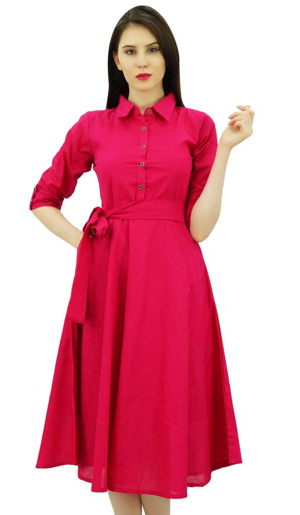 Bimba Women's 3 4 Sleeve Linen Collar Neck Solid Flared Shirt Dress with Side