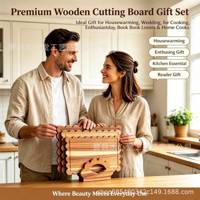 Wooden Cutting Board Set With Wavy Edge Storage Stand 3-Piece Kitchen Prep Bread Cheese Deli Home Use