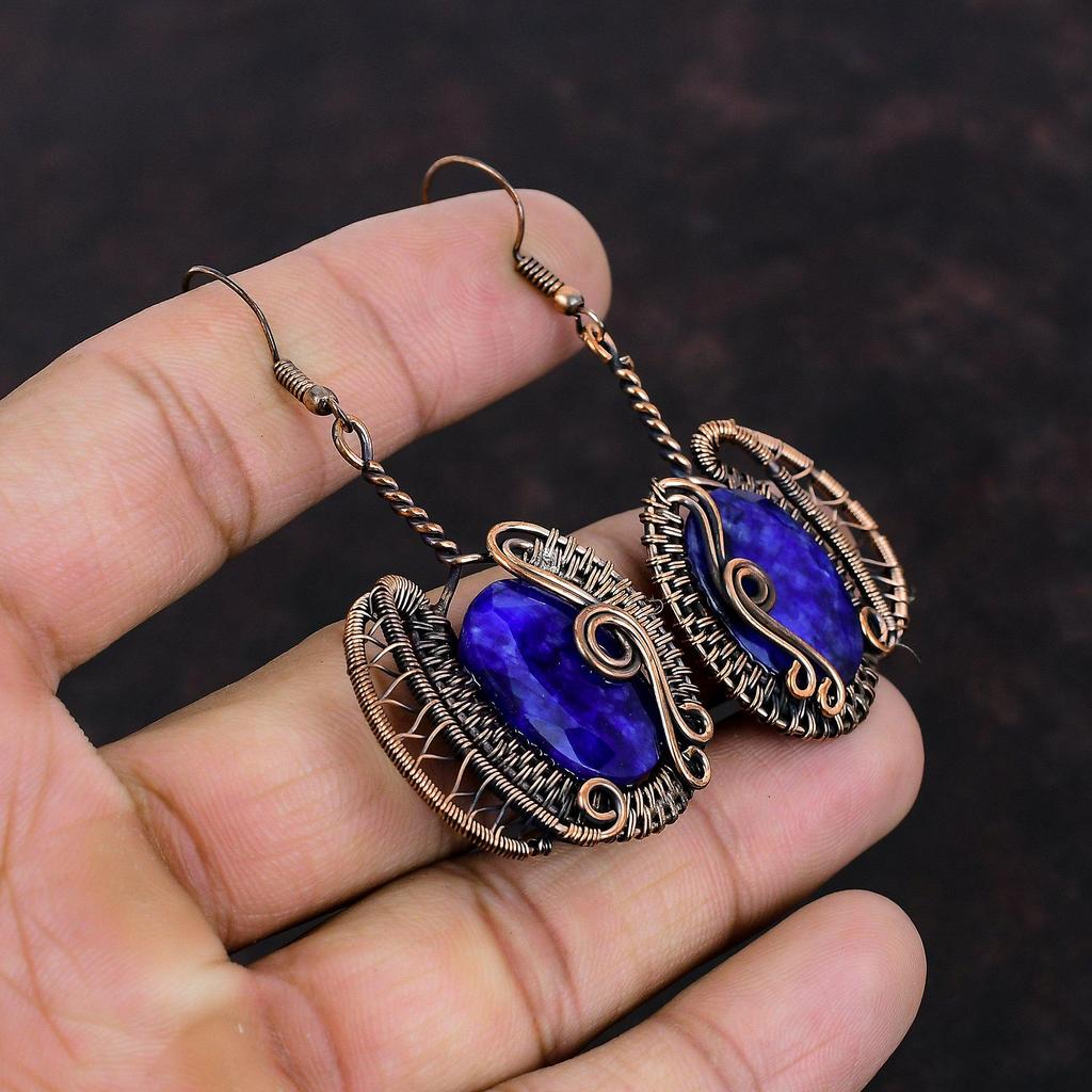 Faceted Blue Sapphire Earring Copper Wire Wrapped Earring Very Pretty Gemstone Earrings Copper Wire Jewelry Handmade Earring Gift For Mother