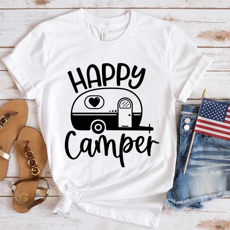 

Новые футболки с принтом Happy Camper, женские однотонные рубашки с круглым вырезом, топы для кемпинга на открытом воздухе, классная мягкая рубашка XXXL белый