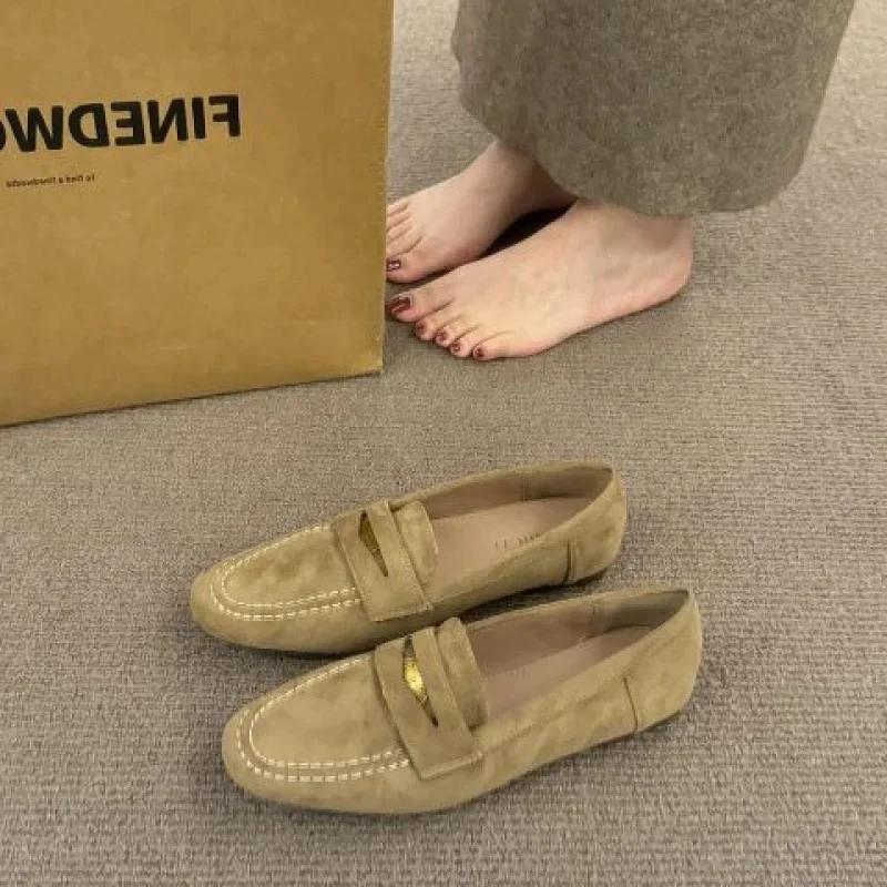 

Женские туфли-лоферы в британском стиле с круглым носком на плоской подошве, повседневные, корейская версия, французский ретро-дизайн, для ношения весной и осенью 40 хаки
