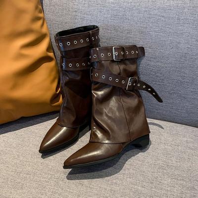 New American Spice Girl Rivet Pant Leg Height Increase Pointed Short Boots Autumn and Winter New Western Cowboy Boots Black