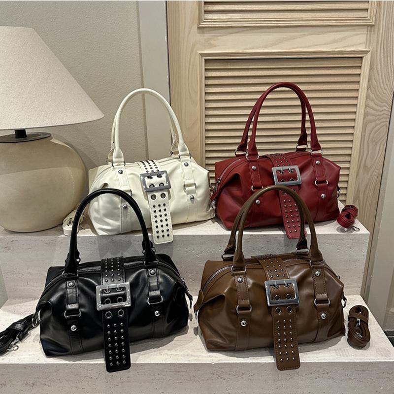 Yogodlns Women Y2K Bowling Handbag Retro Metal Buckle Design Shoulder Bag Vintage Faux Leather Detachable Strap Crossbody Bag for Shopper
