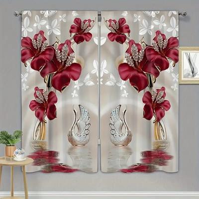 2pcs Floral Diamonds Swan Printed Curtains Window Treatments For Bedroom Living Room Rod Pocket Window Drapes Home Decoration
