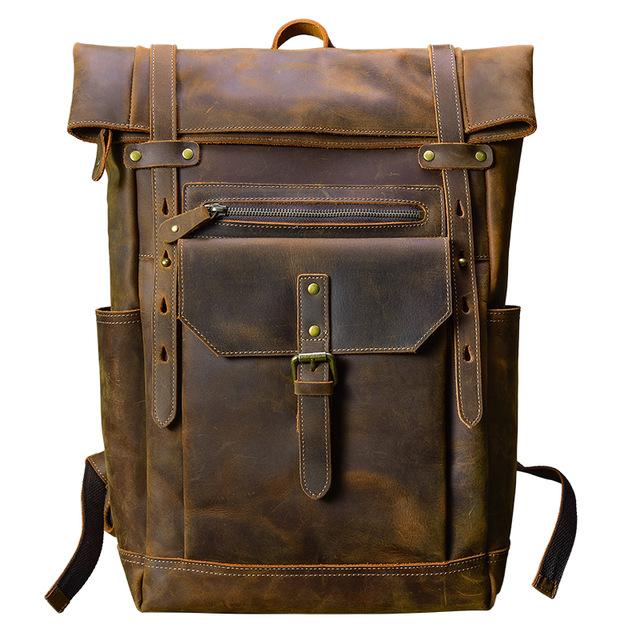 Retro Genuine Leather Men'S Backpack Large Hiking Bagpack Bag Crazy Horse Leather Travel Backpack Male Rucksack 15.6“Laptop Bag