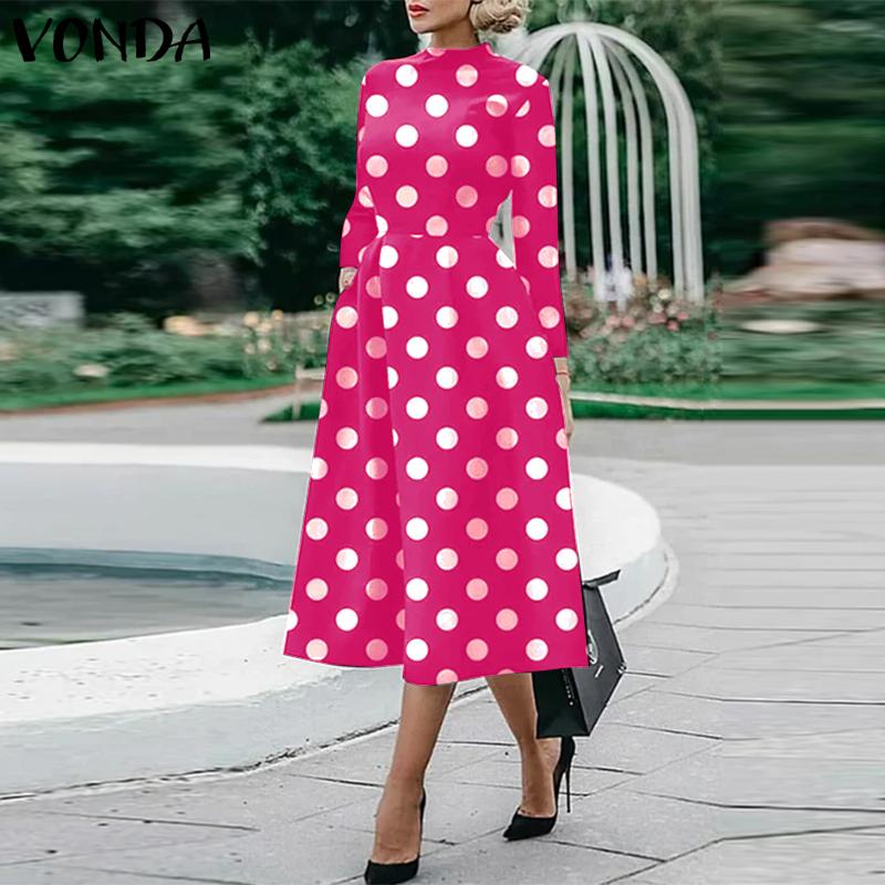 

VONDA женские летние повседневные платья средней длины с круглым вырезом и длинными рукавами в горошек, с талией