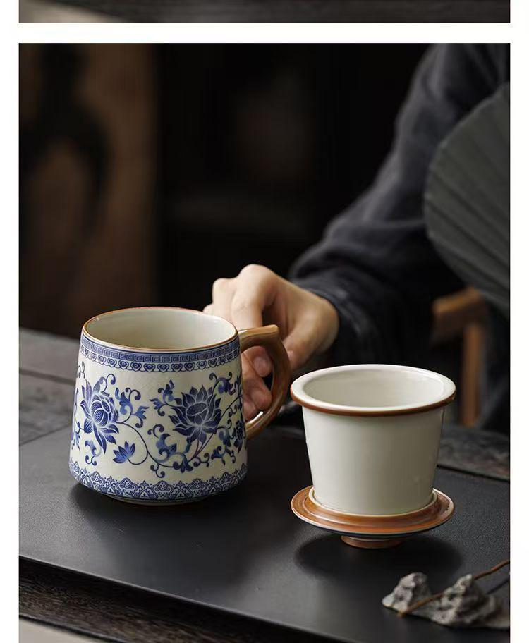Blue and White Ceramic Office Mug with Tea and Water Separation, Large Capacity.