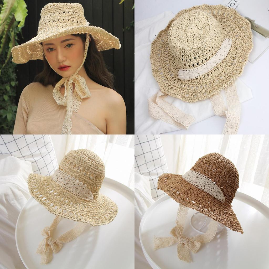 Versatile Style Hat Straw Woven Hollow Lace Strap Womens Sunshade Hatscaps
