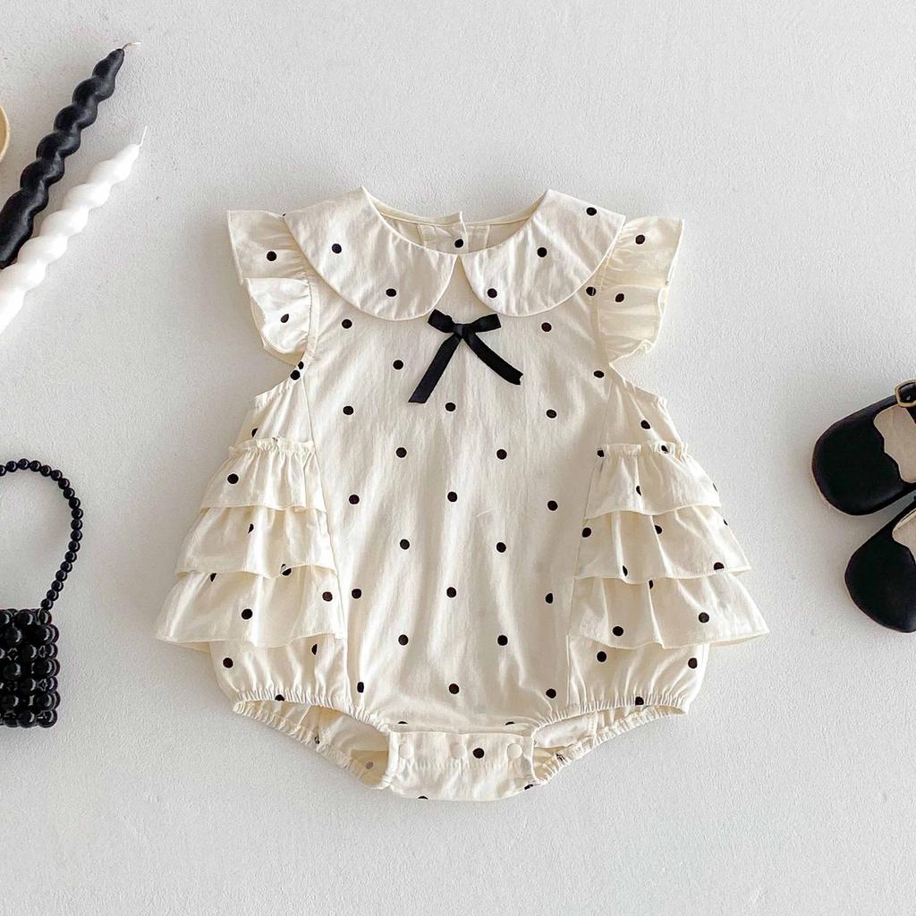 Toddler Baby Girl Bubble Romper Bow Dot Print Flying Sleeve Doll Collar Jumpsuit Cute Summer Spring Clothes