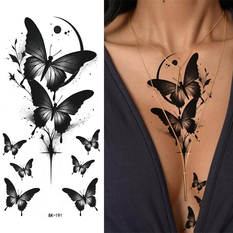 Tattoo Sticker, Plain Flower English, Letter Flower Butterfly Line Transfer Sticker Tattoo