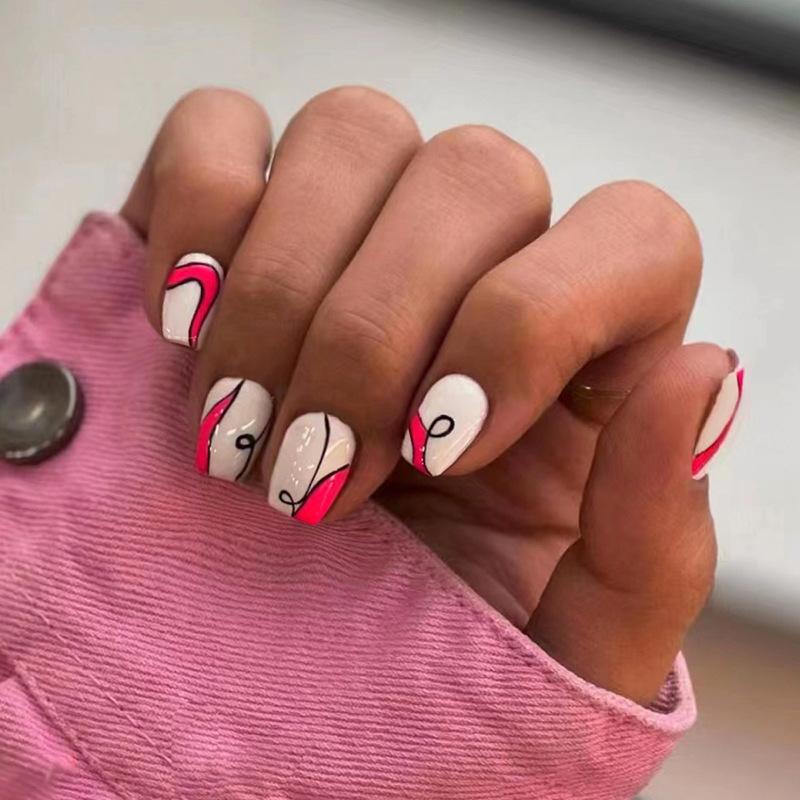 Short Ballet Nail Barbie Pink Black Curve Irregular Ripple European and American Spice Girls ins Fake Nails