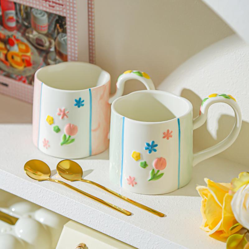 Ceramic Flower Mug Household High-value Women's Hand Cup Breakfast Cup Girl Heart Milk Cup Water Cup Underglaze Color