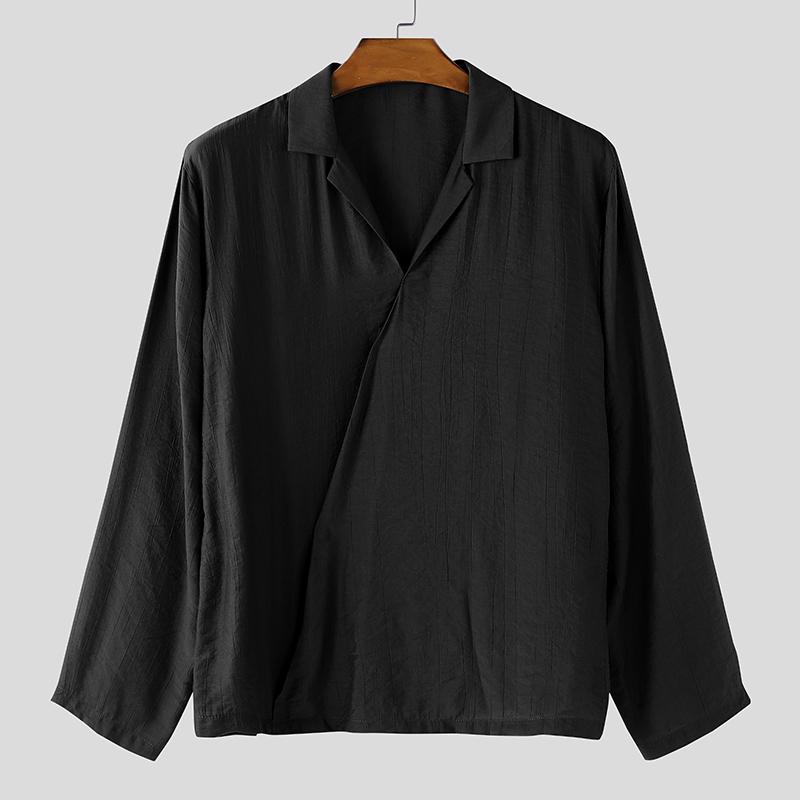 INCERUN Męskie koszule casual z kołnierzykiem V, gładkie, z długim rękawem