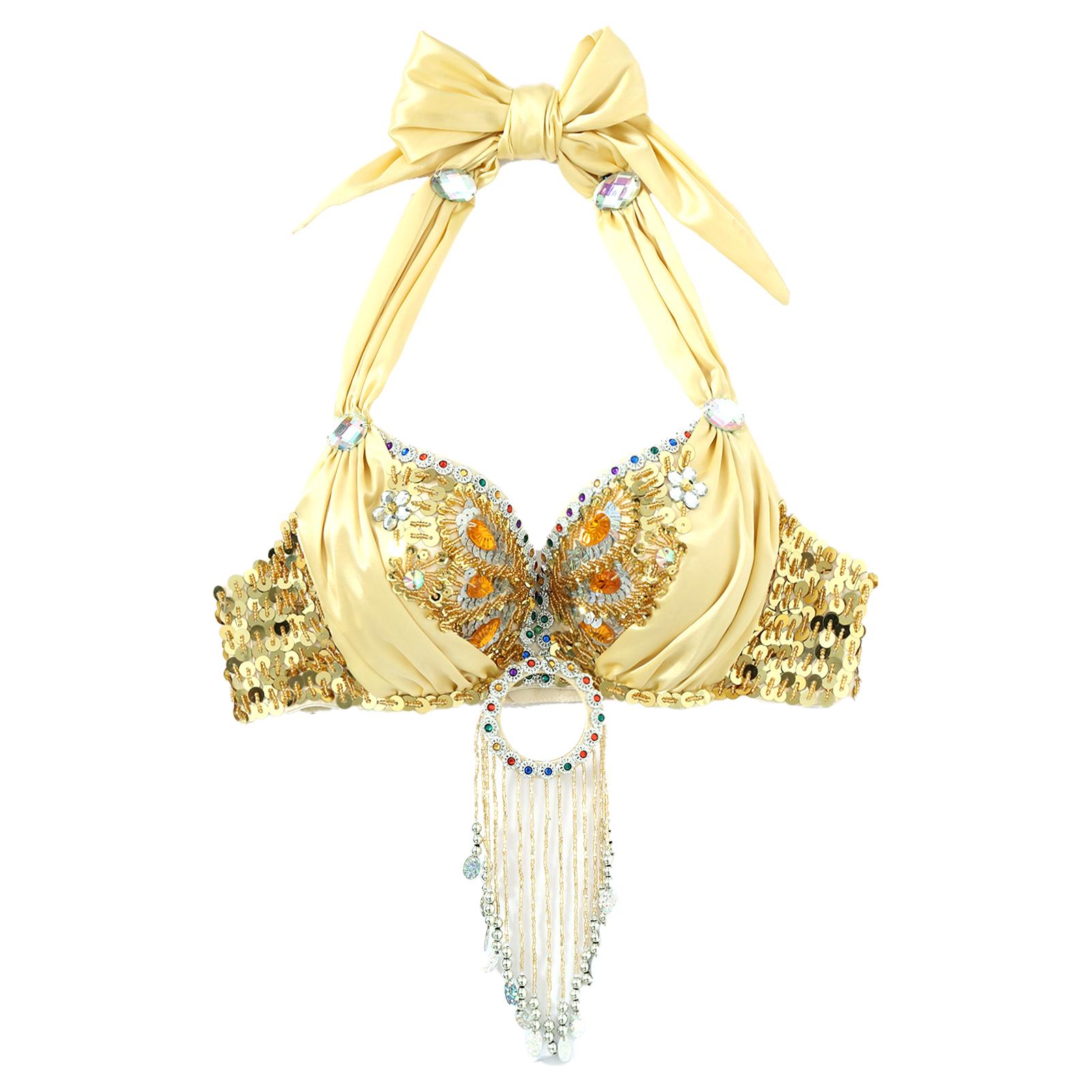 

Женский бюстгальтер для танца живота со стразами, блестящий бюстье на косточках с пайетками и кисточками, костюм для выступлений, одежда для танцев One Size шампанского