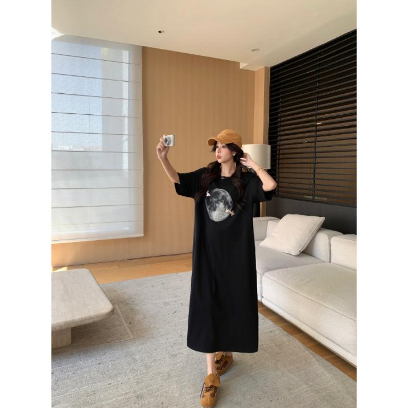 

Летняя футболка с короткими рукавами и принтом, юбка, модное и повседневное платье выше колена, большого размера 4XL чёрный