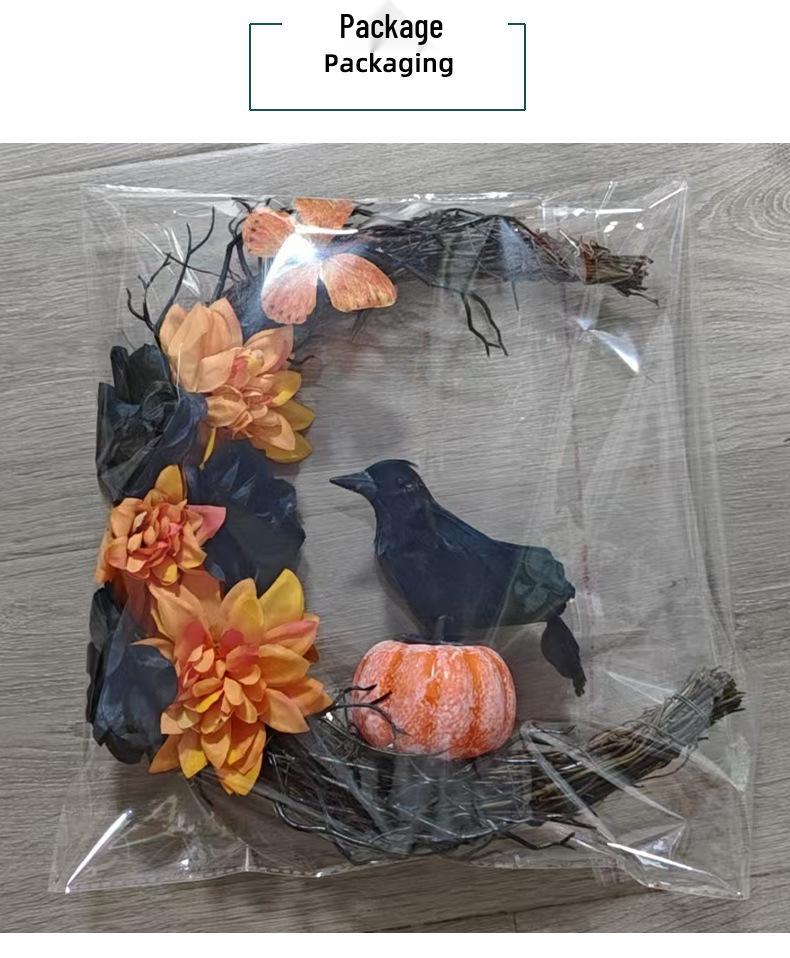 Gruseliger Halloween-Kranz: Orange & Schwarze Krähe mit Mond, Kürbissen & Getrockneten Ranken – Perfekte Tür- oder Wand-Festivaldekoration