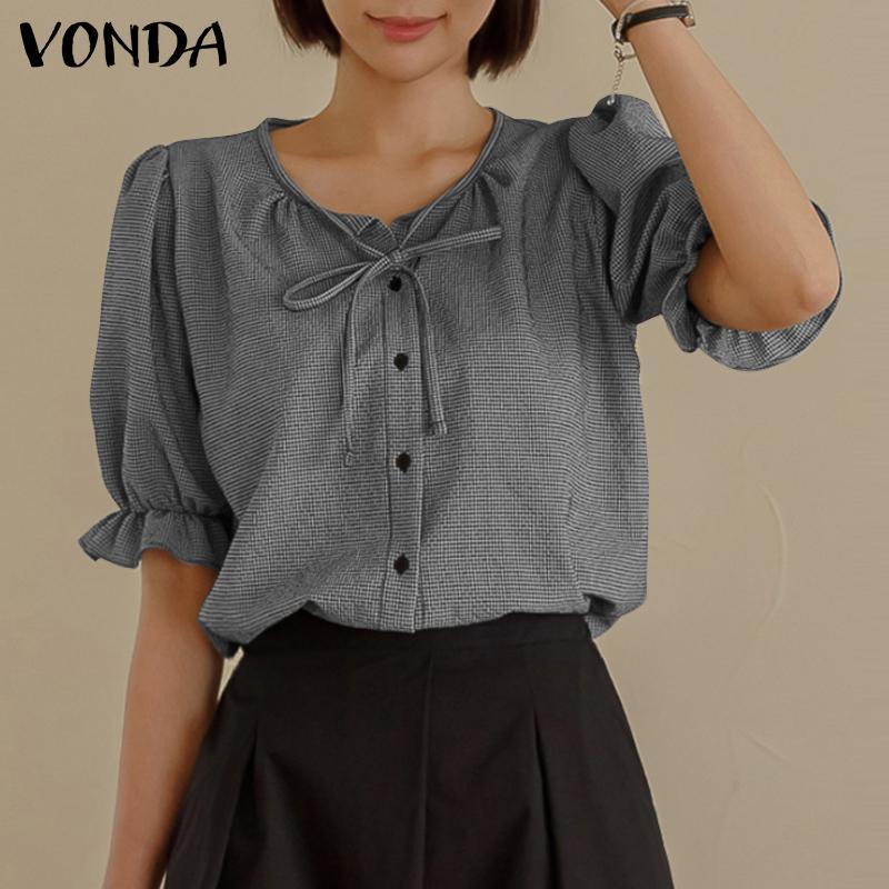 

Летние женские повседневные топы VONDA в клетку с короткими пышными рукавами